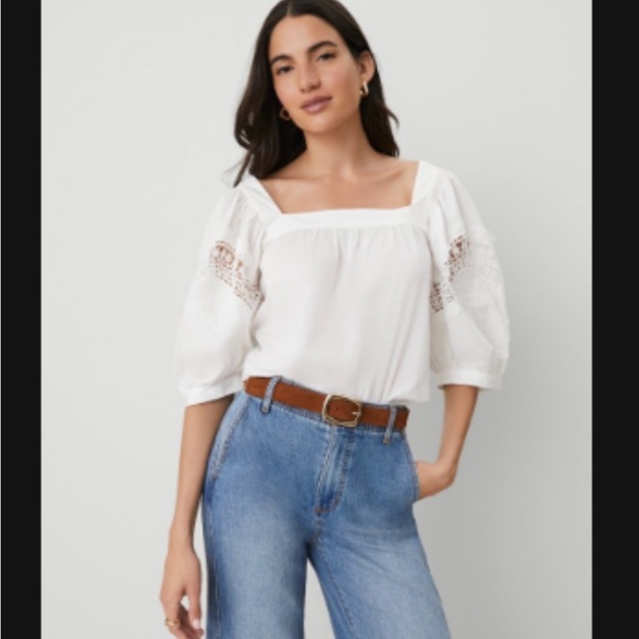 Ann Taylor Tops - Ann Taylor White Square-Neck Lace Puff Sleeve Blouse